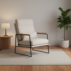 เก้าอี้ผ้าลินินพนักพิงสูงทันสมัยพร้อมโครงเหล็กและที่วางแขนไม้เนื้อแข็งสีขาวงาช้างสำหรับใช้พักผ่อนในห้องนั่งเล่น - Product Image 2