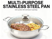 Ensemble de casseroles en acier inoxydable non revêtu au design moderne - Poêle à frire profonde et marmite avec couvercle en verre pour une cuisine saine