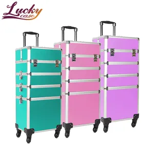 4 In 1 Aluminum Cosmetic Professional Makeup Rolling Trolley Organizer Case Makeup Train Case Makeup Trolley Case