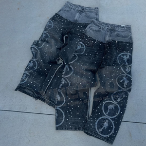 Quần Jean Nam Denim Xước Phong Cách Vintage, Cạp Cao Đôi, Ống Suông, In Họa Tiết Đá, Đính Đá Pha Lê - Product Image 2