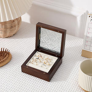 Oak Wood Walnut Color Rings Storage Organizer <b>Box</b> with Real <b>Glass</b> Pattern On Window Ready to Ship In Stock - Product Image 1