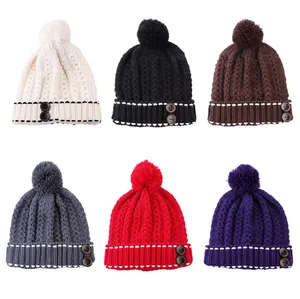 suppliers custom pom pom cable knitted winter cap warm big bobble hat custom pompom beanie hat with fur ball