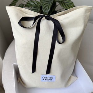 Factory Custom Logo Size Cotton Dust Bag Natural Cotton Clothes <b>Gift</b> Packing Bag with Woven Label and Ribbon - Product Image 2