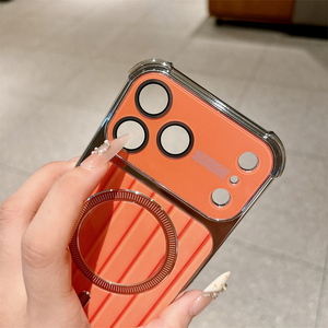Coque de téléphone magnétique à rayures ondulées électroplaquées pour iPhone 18 17 16 15 14 Pro Max avec protection d'objectif rayée et dos rouge cerise - Product Image 3