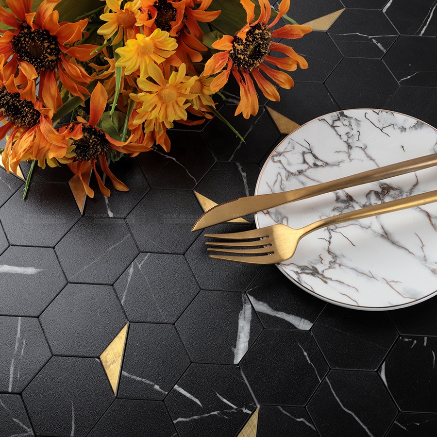 Bastone Su Auto Adesivo Del Pvc Del Vinile Composito Marmo Nero Hexagon Buccia E Bastone Mosaico Per La Cucina Backsplash Muro del Bagno