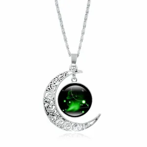 Kids Birthday Gifts Silver Chain Glass Women Moon Shape Zodiac 12 Constellations Pendant Necklace