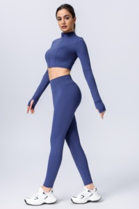 Ensemble 2 pièces veste de sport et pantalon long assorti, col roulé, manches longues, taille élastique, séchage rapide, sans couture - Product Image 3