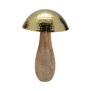 Scultura a forma di fungo in legno di mango con cappuccio in metallo martellato per decorazioni per la casa, soggiorno, scaffale, ufficio. - Product Image 2