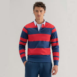 OEM logotipo personalizado bordado Slim Fit poliéster algodón Atlético rayas impreso Vintage manga larga Rugby Polos para hombres - Product Image 1