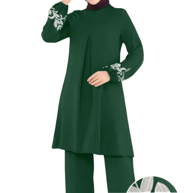 Middle East Modest Casual Abaya Sets Breathable Polyester Islamic Clothing Embossed MAXI Long Sleeve Flared Hem Neck Spring