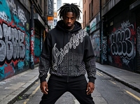 Sweat à capuche zippé noir délavé pour homme, imprimé graphique dégradé inspiré du luxe, en coton épais, style streetwear