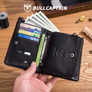 BULLCAPTAIN Men Genuine Leather <b>Wallet</b> Vintage <b>RFID</b> <b>Blocking</b> Anti‑Theft Folding <b>Wallet</b> ID Window Coin Pocket and Zipper Closure - Product Image 3
