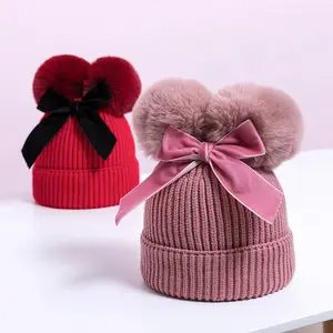 Winter Warm Kids Hat Cute Bow Newborn Baby Hat Double Pompom Knitted Girl Boy Beanie Hats