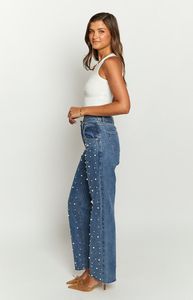Jeans da Donna con Lavaggio Acido e Doppia Vita con Perle, Gamba Larga, Stile Dritto e Comodo, in Cotone 14OZ, Jeans Slim Baggy da Donna - Product Image 5