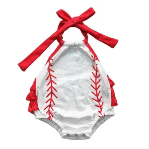 批发女童婴儿夏季连身衣多元素图案棒球吊带亮色双层褶边