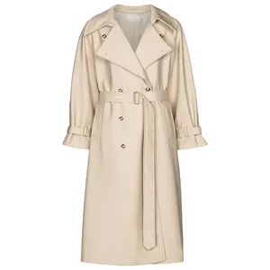 OEM Custom Fall Winter Women Double Breasted Office Trench Coat Khaki Classic Casual Ladies Long Business Coats