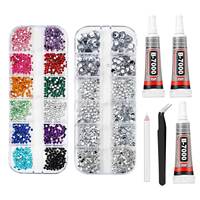 12 grilles de strass en cristal à dos plat multicolores pour nail art, avec stylo de préhension, pince à épiler et colle à bijoux B7000