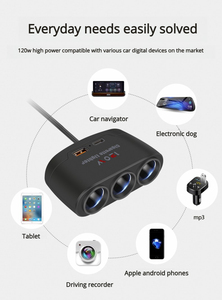Caricabatterie per Auto 120W con 1 USB e 1 Tipo C, Adattatore Accendisigari a 3 Vie DC 12V-24V - Product Image 5