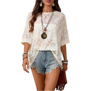Top de malla floral personalizado para mujer, manga corta, cuello redondo, holgado, con aberturas, para vacaciones y festivales - Product Image 5