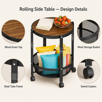 Table d'appoint ronde pliable moderne avec roulettes et panier en filet pour salon, petit espace et mobilier d'appartement