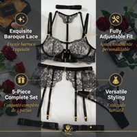 En stock – Nouveauté : Ensemble de lingerie féminine de luxe 4 pièces en dentelle ajourée, soutien-gorge, culotte et porte-jarretelles – Lingerie sexy transparente et élégante brodée pour femme
