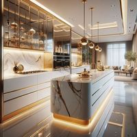 Îlot de cuisine moderne sur mesure avec sièges et comptoir en pierre cascade pour cuisine, salle à manger, maison, rénovation et décoration de maison moderne