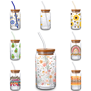 <span class=keywords><strong>Margherita</strong></span> bianca 16oz libey in vetro con coperchio di bambù e paglia può modellare il vetro con disegno floreale Boho per il succo di latte ghiacciato al caffè - Product Image 2
