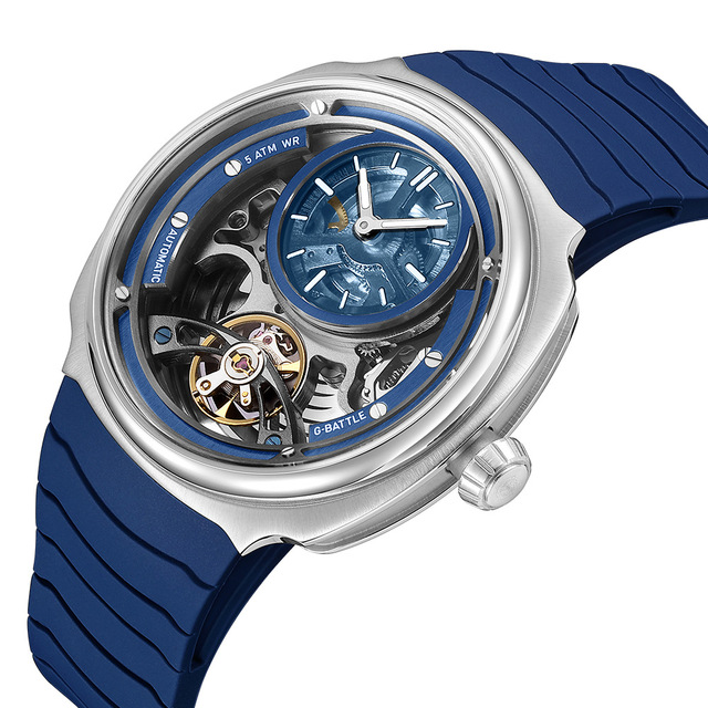 Open Work Automatic Mechanical Watch Skeleton Dial Tourbillon-Style Movement Silicone Band Wristwatch for Men