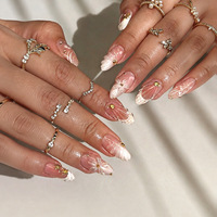 Nouvelles Faux Ongles en ABS en Forme d'Amande, Motif Floral Coquillage Blanc, Strass Dorés, Manucure Française Pré-dessinée