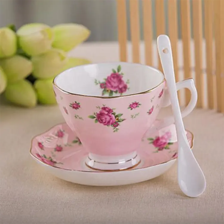 Chén trà sứ và đĩa đặt với Hộp quà tặng chén trà hoa 8 oz. 1 bộ = 1cup + 1sacier