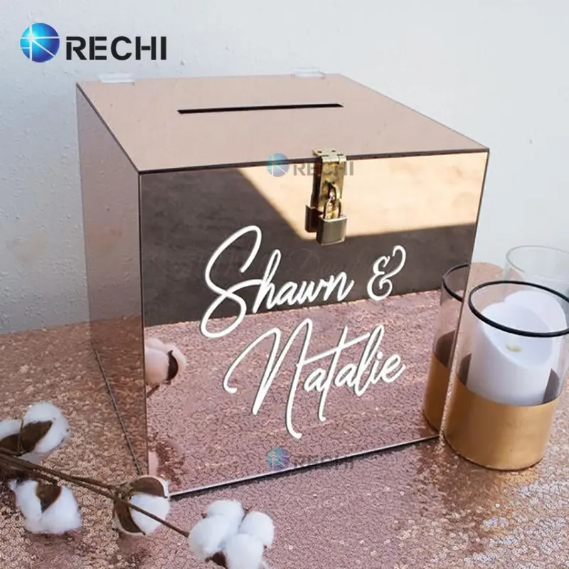 RECHI Gold Mirror Acrylic Wedding Invitation Card & Wishing Well Storage Box,Acrylic Flower Gift Storage Box Organizer Case