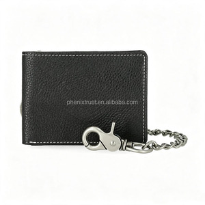 Portefeuille en cuir pour homme, style motard, à trois volets, avec chaîne métallique anti-perte, broderie, porte-cartes en cuir style moto avec porte-clés - Product Image 6