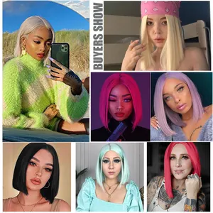 Peruca sintética Straight Hair Colorido Cosplay Peruca Halloween Resistente Ao Calor Curto Curto Curly Bob Perucas Cheias Do Laço Para As Mulheres