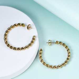 Hoop Earrings 4Mm 18K Gold Plated Braided Large <b>Round</b> Face Women's Fashion Jewelry Zinc Alloy Stainless Steel <b>Post</b> - Product Image 3