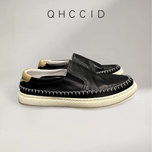 Qhccid Men's Genuine Leather Slip-On Loafers Black <b>White</b> Casual Low <b>Heel</b> Handmade Lightweight Korean Style Shoes - Product Image 4