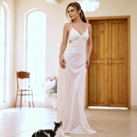 Robe longue sexy pour femme en polyester/coton, décolleté plongeant, bretelles spaghetti, fentes latérales, froncée, idéale pour les vacances, mariages, anniversaires, cocktails et soirées