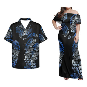 Custom Couple Sets Blue Couple Shirts Design for <strong>Lovers</strong> Polynesian Tribal Pattern Shirts for Men and Women Plus Size <strong>Dress</strong> 2pcs - Product Image 2