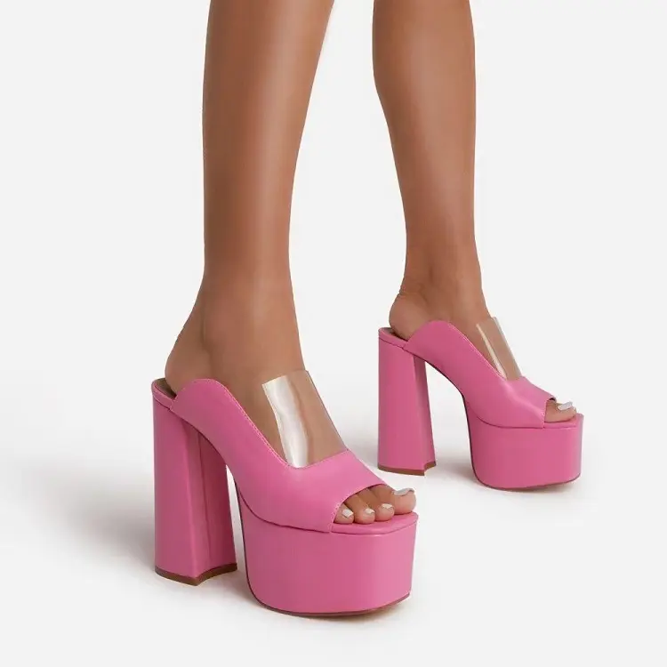 ठोस रंग फैशन बड़े आकार स्पष्ट ऊपरी वर्ग पैर की अंगुली मोटी एड़ी के जूते महिलाओं के चमड़े के पीवीसी सिलाई आरामदायक उच्च ऊँची एड़ी के जूते