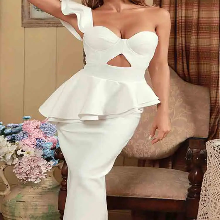 Elegant Formal Custom Lady One Shoulder Ruffles Slip Dress Prom Solid Bodycon Casual Dress