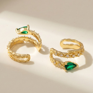Women's Clip On <b>Earrings</b> Gold Green Zircon C Shape Geometric Design Ear Clips Without <b>Piercing</b> - Product Image 1