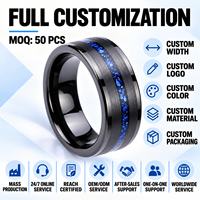 Bague de mariage pour homme en carbure de tungstène brossé noir 8 mm avec incrustation de feuille bleue, ajustement confortable, vente en gros, OEM ODM, bijoux de mode personnalisés