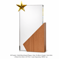 Plaque de récompense en cristal personnalisée avec base en bois massif, étoile dorée en haut, gravure photo, trophée d'honneur pour concours, vente en gros