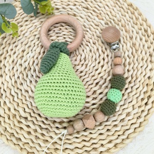 Anillo de madera para fruta, mordedor para bebé, sonajero de comida tejido, hecho a mano, pera, naranja, limón, juguetes para la dentición del bebé, juego de chupete, juego de regalo para recién nacido - Product Image 4