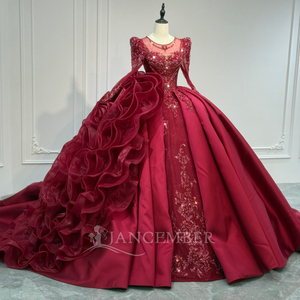 Xs245 <b>Red</b> Customizable Long Sleeves Lace-Up Keyhole Back Evening Dress Crystal Beading Luxury Dress Jancember - Product Image 5