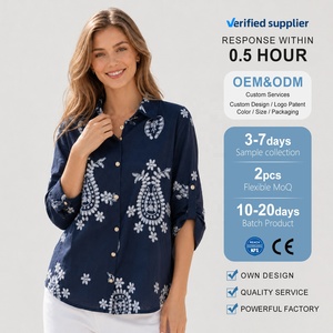 Camisa Azul Oscuro Bordada para <span class=keywords><strong>Mujer</strong></span>, Blusa <span class=keywords><strong>de</strong></span> Algodón y <span class=keywords><strong>Lino</strong></span> con Botones Dorados, Manga Enrollable, Estampado Paisley, Chemise Femme - Product Image 2