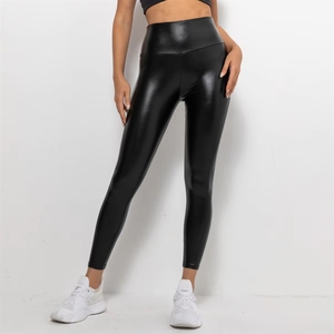 Leggings da donna neri in similpelle PU antistatici, a vita alta, elasticizzati, stile casual, tinta unita, modello skinny slim a matita - Product Image 4