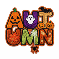 Applicazione Ricamata Personalizzata Eco-Friendly con Paillettes a Tema Halloween e Autunnale, Motivi Zucca, Fantasma e Foglia d'Acero, Grande, Termoadesiva per Abbigliamento, Giacche e Felpe con Cappuccio