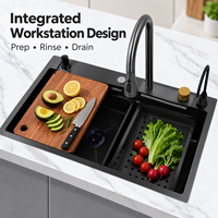 Évier de cuisine simple en acier inoxydable 304 noir nano, avec robinet cascade brossé, à encastrer, pour une utilisation moderne en cuisine