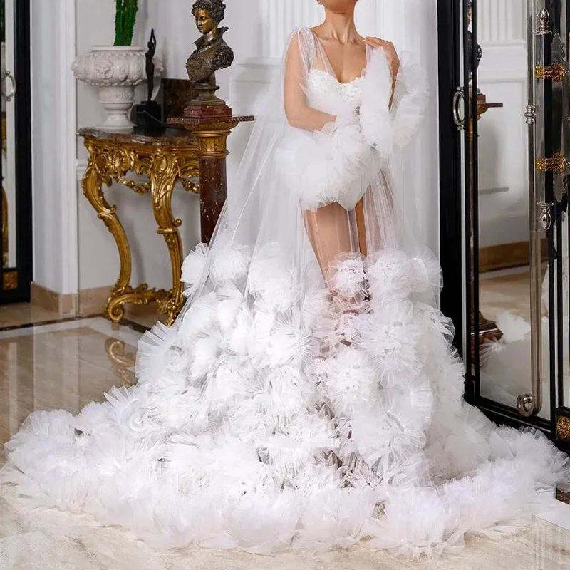 Long Train Puffy Wedding Dress Elegant Stylish