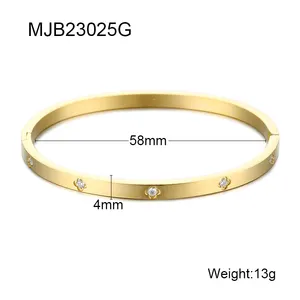 18K Gold Rose Plated Stainless Steel Fashion Waterproof Jewelry Open Cuff Diamond Evil Eye 4 Four Leaf Clover Bangle Bracelet
